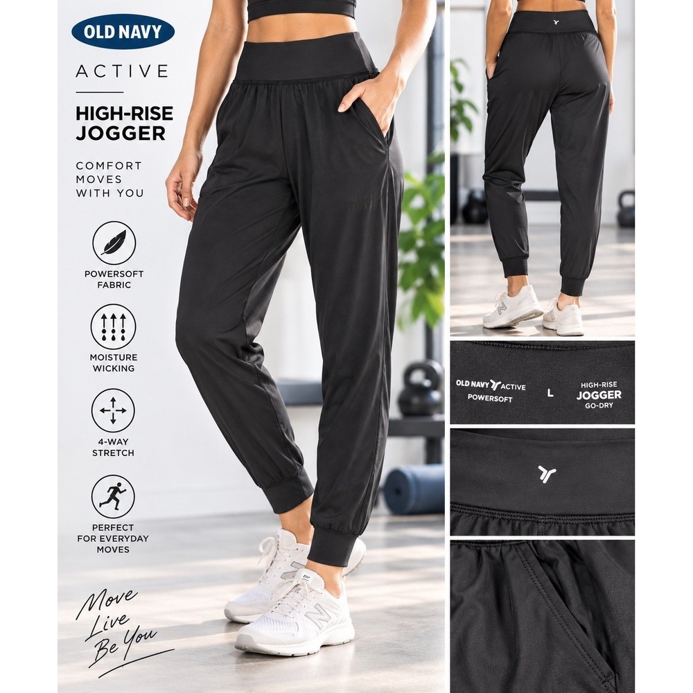 Old Navy Active PowerSoft Joggers Womens L Black High Rise Go-Dry Pocket Pants